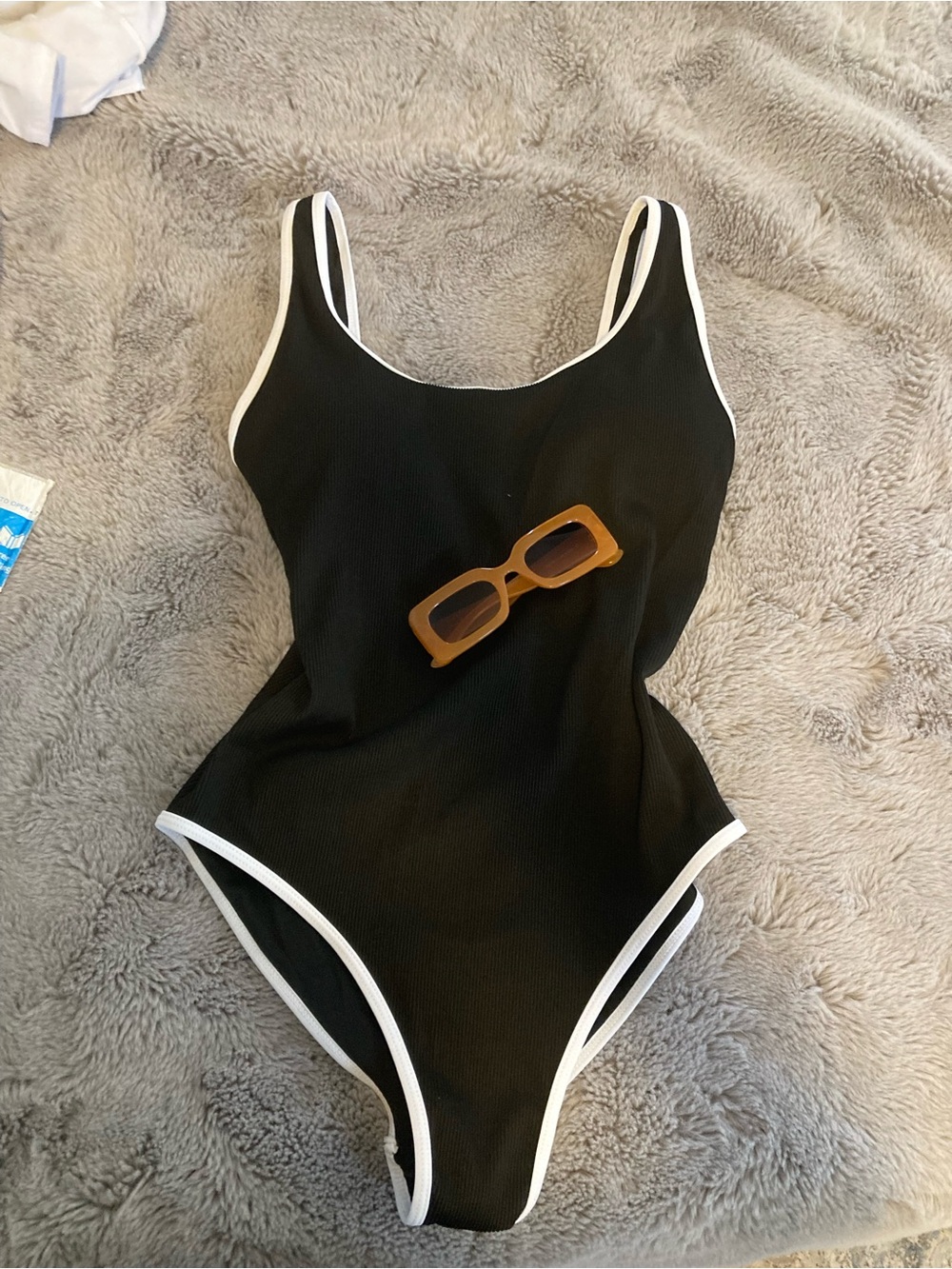 Women’s Ribbed Black One-Piece Swimsuit with White Trim